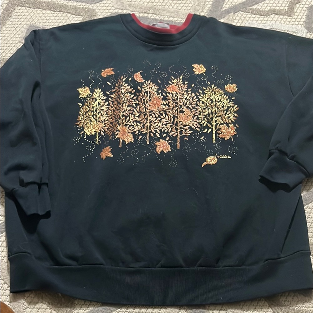 Black Crewneck Sweater with Nature Embroidery